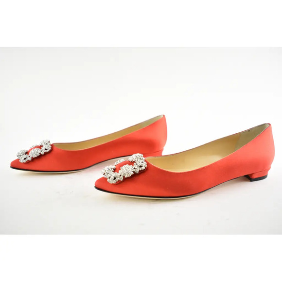 Manolo Blahnik Hangisi Red Satin Silver Jewel Buckle Ballerina Ballet Flat 39.5 - Picture 10 of 12